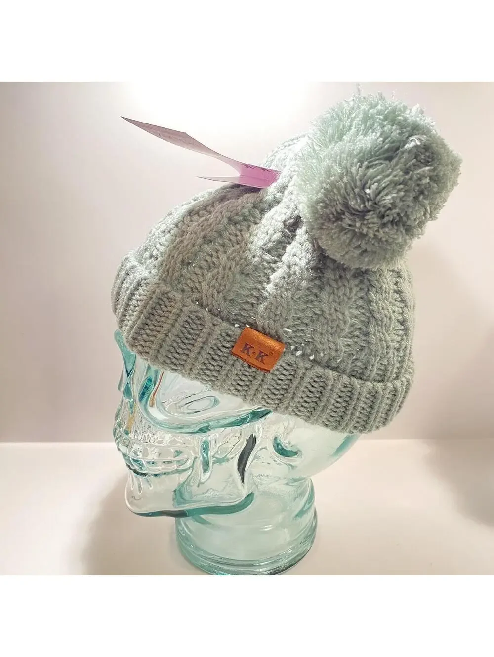 Kids Winter Hat Grey w Pom Pom Ears Cute Thick Warm Knitted Winter Beanie NEW